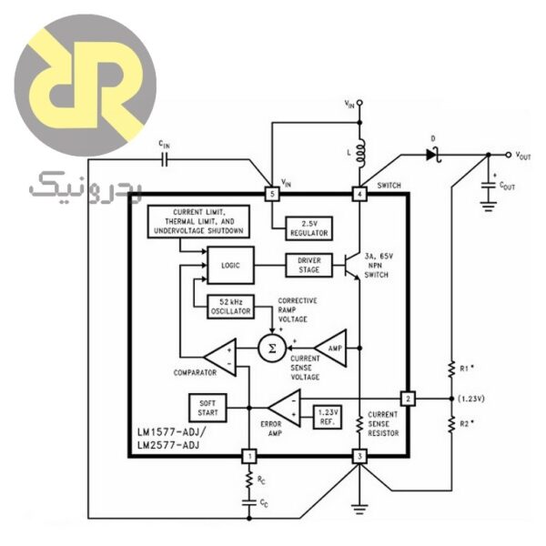 رگولاتور سوئیچینگ افزاینده LM2577S-ADJ با فرکانس 52 کیلوهرتز ،ماکزیمم ولتاژ خروجی 60 ولت ،ماکزیمم ولتاژ ورودی 40V و ماکزیمم جریان خروجی 3A